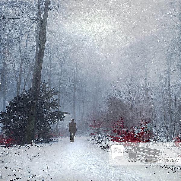 Mann geht in verschneitem Wald  digitale Bearbeitung
