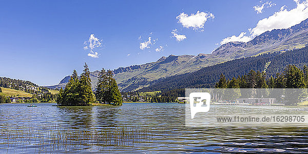 Panorama of Heidsee lake on sunny summer day