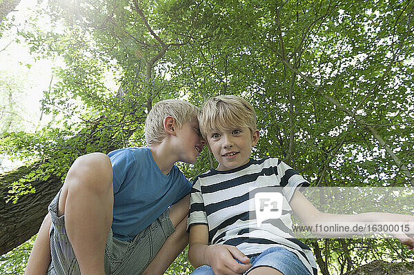 Germany  Bavaria  boy whispering into the ear of his friend