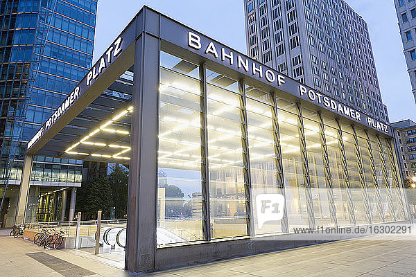 Germany  Berlin  entrance of lighted railway station at Potsdam Square