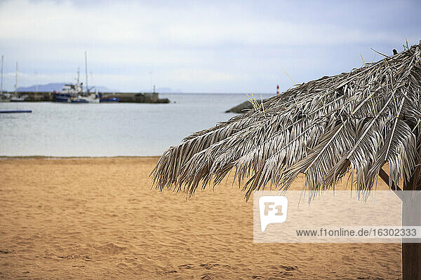 Portugal  Madeira  Machico  Sonnenschirm am gelben Strand