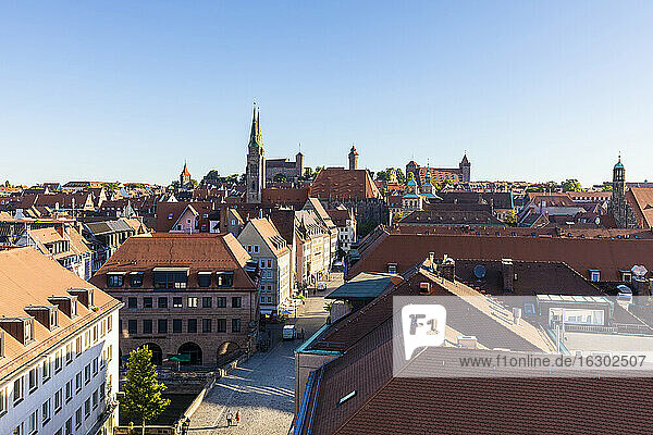 Germany  Bavaria  Nuremberg  Clear sky over historical old town with Nuremberg Castle in background