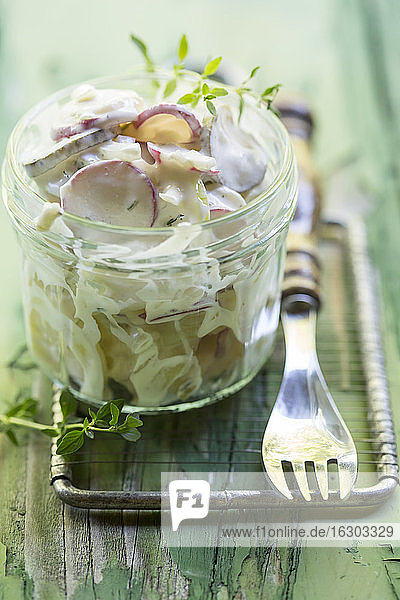 Deutschland  Kartoffelsalat mit Radieschen und Thymian auf Holztisch