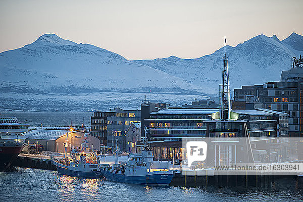 Norwegen  Tromso  Hafen und Berglandschaft