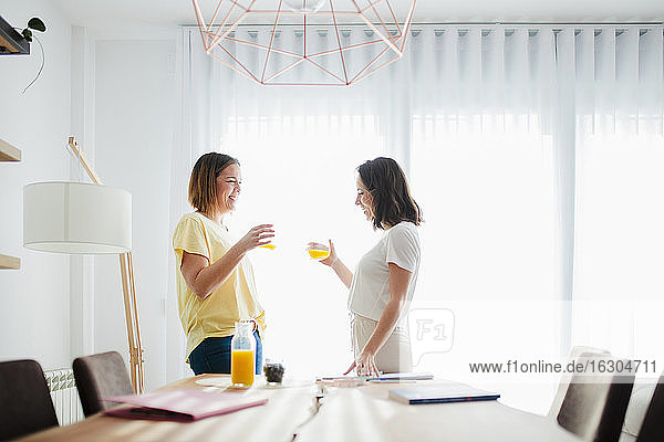 Frauen trinken Saft  während sie zu Hause am Tisch stehen