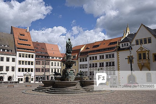 Deutschland  Sachsen  Freiberg  Oberer Markt mit Brunnen und Statue des Stadtgründers Otto II  Markgraf von Meißen