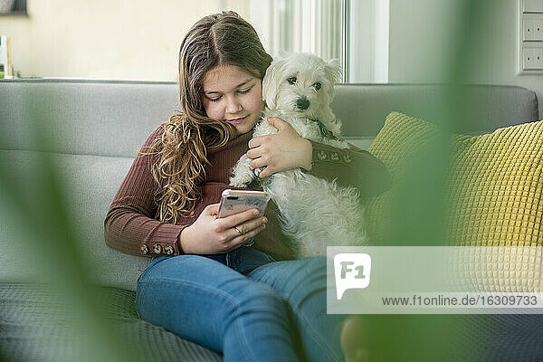 Mädchen benutzt Smartphone und hält Hund auf Sofa