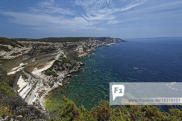France  Corse-du-Sud  Bonifacio  Scenic view of coastal chalk cliffs