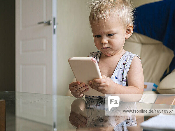 Cute baby looking at smart phone