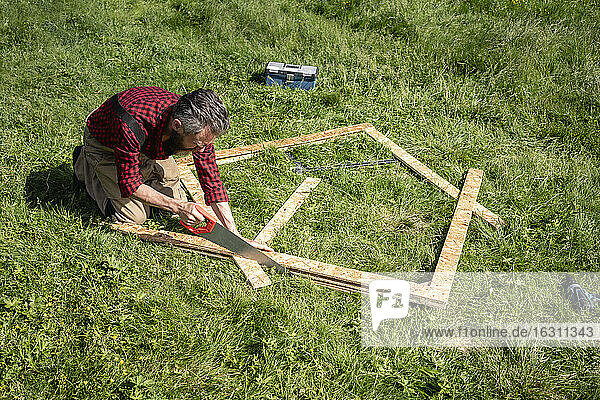 Zimmermann schneidet Brett mit Handsäge auf Gras an einem sonnigen Tag