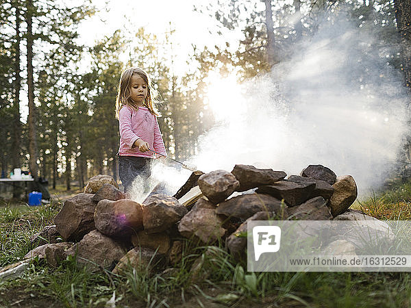 Girl (4-5) roasting marshmallow above campfire  Wasatch Cache National Forest