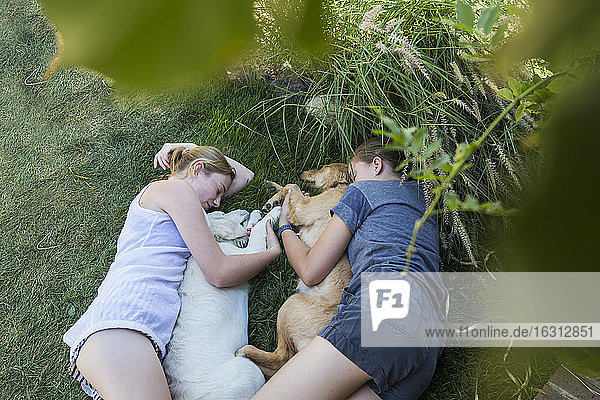 Two teenage girls lying on lawn  hugging their Golden Retriever dogs.