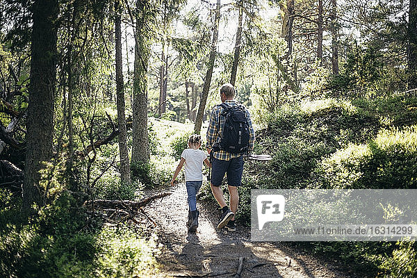 Rear view of daughter walking while holding hands with father in forest
