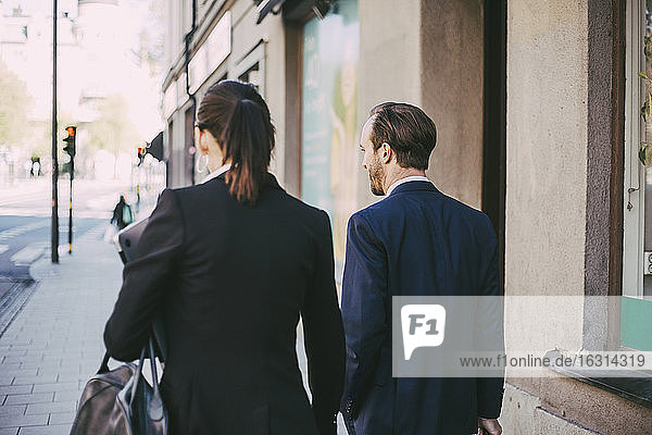 Rear view of business coworkers walking in city