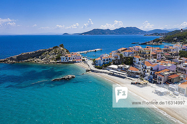 Aerial by drone of Kokkari and its pebble beach  Samos  Greek Islands  Greece  Europe