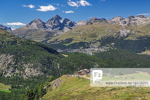 Alp Languard with mountain hut in front of the Inn Valley with St. Moritz  Pontresina  Bernina Alps  Upper Engadine  Engadine  Grisons  Switzerland  Europe