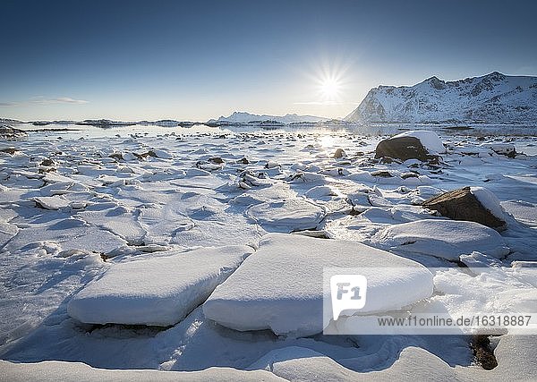 Gefrorener Fjord mit Eisschollen in Winterlandschaft  Nordland  Lofoten  Norwegen  Europa