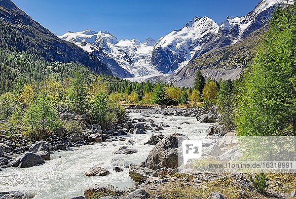 Glacier stream in the Morteratsch Valley with Bellavista  Piz Bernina and Morteratsch Glacier  Pontresina  Bernina Alps  Upper Engadine  Engadine  Grisons  Switzerland  Europe