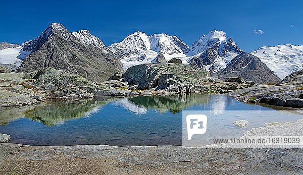 Kleiner Bergsee auf Fuorcla Surlej mit Piz Bernina  Piz Roseg und Piz Glüschaint  Silvaplana  Berninaalpen  Oberengadin  Engadin  Graubünden  Schweiz  Europa