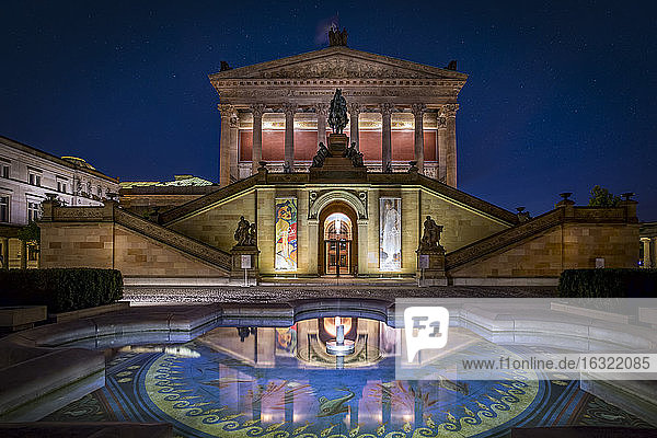 Germany  Berlin  Alte Nationalgalerie with fountain at night