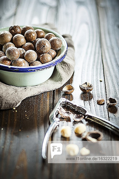 Roasted and salted macadamia nuts in shells, studio