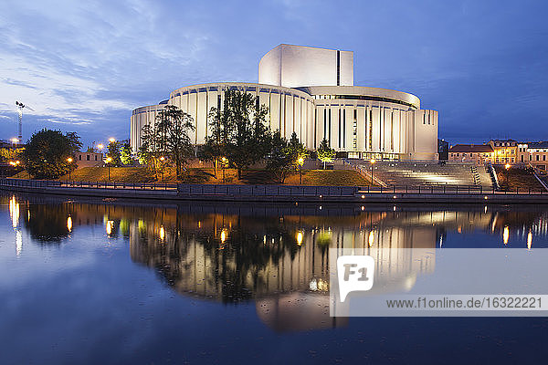 Poland Bydgoszcz Opera Nova at dusk and Brda River