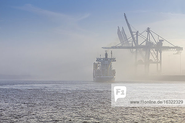 Deutschland  Hamburg  Containerschiff verschwindet im dichten Nebel im Hafen von Hamburg