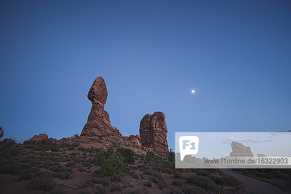USA, Utah, Arches National Park, view to Balanced Rock at Blue Hour