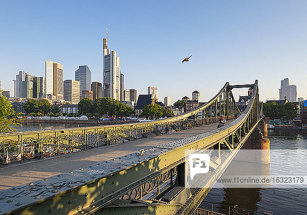 Germany  Hesse  Frankfurt  Financial district  Eiserner Steg bridge  Main river in the morning