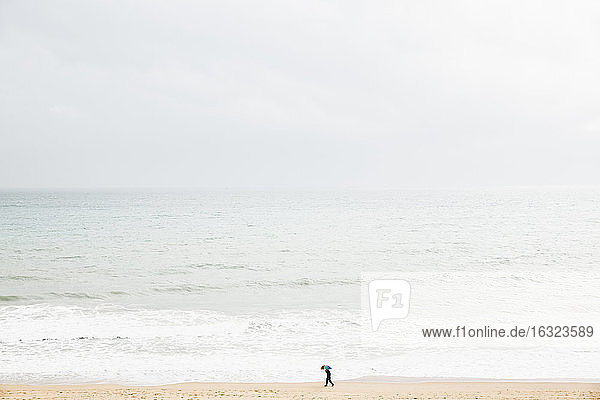 Spain  Mallorca  One person with umbrella walking along the beach