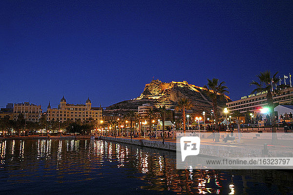 Spain  Alicante  Santa Barbara castle seen from the harbour at night