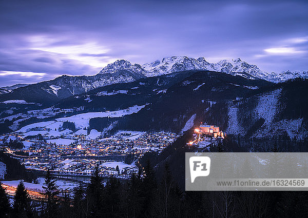 Austria, Salzburg State, Hohenwerfen Castle in the evening