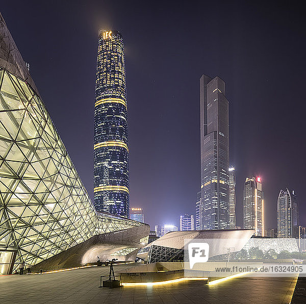 China, Guangzhou, opera house at night