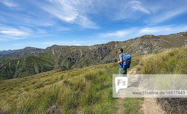 Hikers on trail  Grandview Mountain Track  Lake H?wea  Southern Alps  Otago  South Island  New Zealand  Oceania