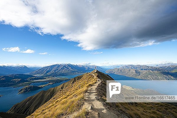Hiker takes a skydive  views of mountains and lake from Mount Roy  Roys Peak  Lake Wanaka  Southern Alps  Otago  South Island  New Zealand  Oceania