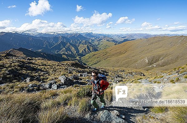 Wanderer auf dem Wanderweg zum Ben Lomond  Ausblick auf Berge  Südalpen  Otago  Südinsel  Neuseeland  Ozeanien