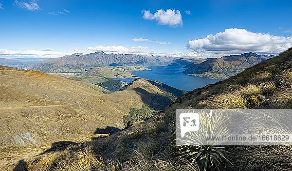 View of Lake Wakatipu and Mountain Range The Remarkables  Ben Lomond  Southern Alps  Otago  South Island  New Zealand  Oceania