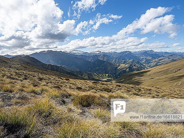 Hiking trail to Ben Lomond  views of mountains  Southern Alps  Otago  South Island  New Zealand  Oceania