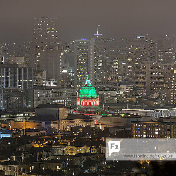 Night view of financial district and city hall at San Francisco  California  USA