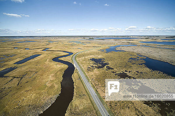 USA  Maryland  Drone view of road stretching across marshes along Nanticoke River on Eastern Shore