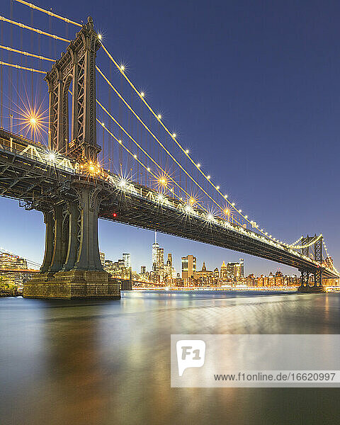 USA  New York  New York City  Manhattan Bridge illuminated at night