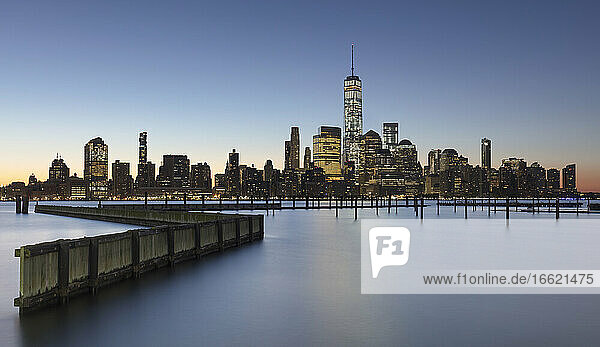 USA  New York  New York City  USA  Lower Manhattan skyline at sunrise