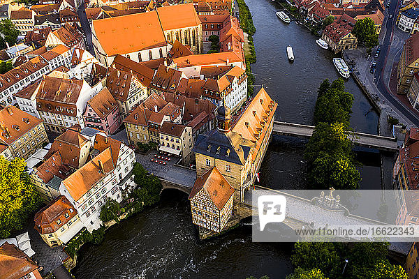 Regnitz riiver and town hall at Bamberg Bavaria Germany