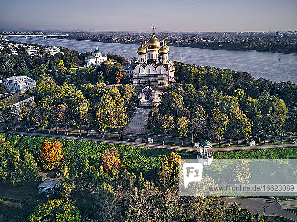 Aerial view of Assumption Cathedral by Volga River in city against sky Yaroslavl Russia