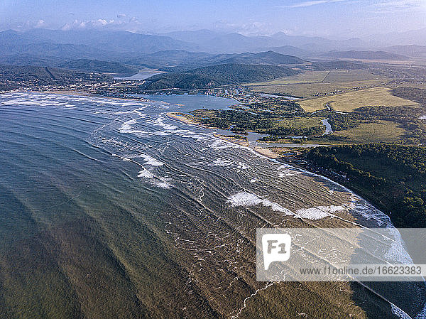 Russia, Primorsky Krai, Nakhodka, Aerial view of coastline of Sea of Japan