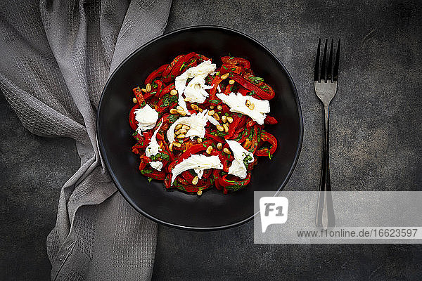 Schüssel mit vegetarischem Salat mit roter Paprika  Mozzarella  gerösteten Pinienkernen  Petersilie und Schnittlauch