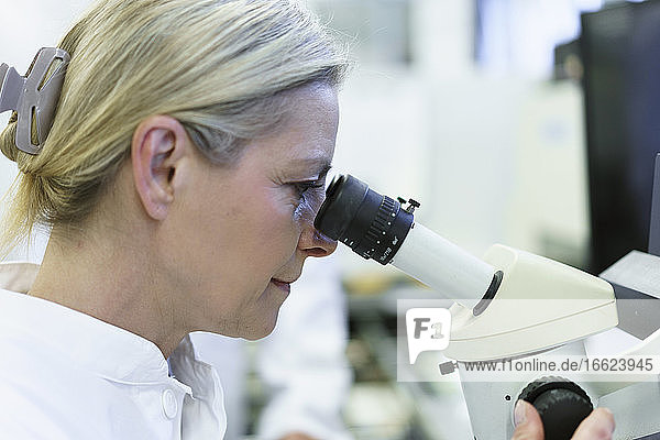 Blonde Wissenschaftlerin schaut durch ein Mikroskop in ein beleuchtetes Labor