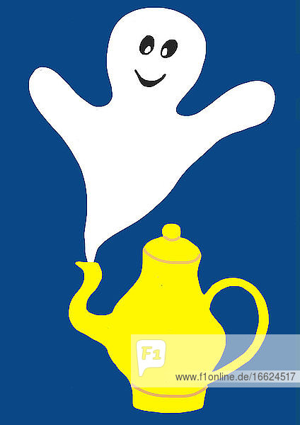 Kinderbild mit lächelnden Gespenstern und gelber Teekanne