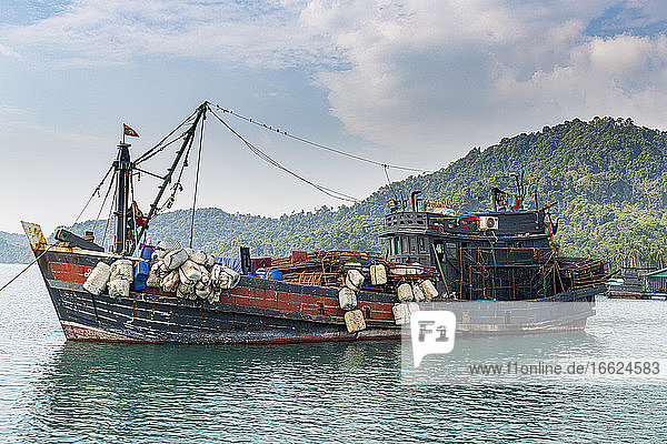 Myanmar  Tanintharyi Region  Old fishing boat moored in Mergui Archipelago