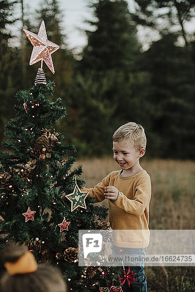 Smiling boy decorating Christmas tree while standing at countryside